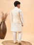 Vastramay Boy's Beige Nehru Jacket With Cream Kurta And Pyjama Set