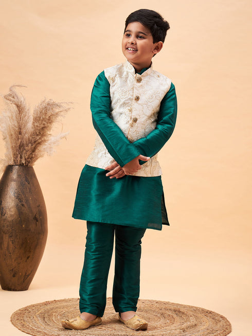 Vastramay Boy's Beige Woven Nehru Jacket With Green Kurta Pyjama Set