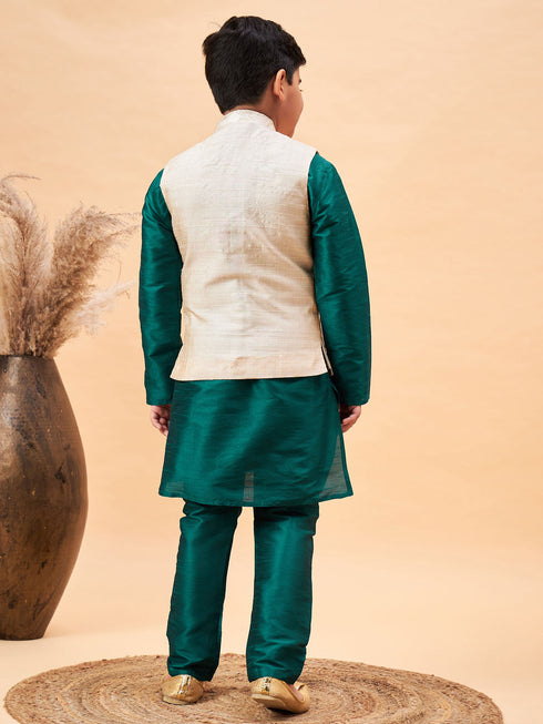 Vastramay Boy's Beige Woven Nehru Jacket With Green Kurta Pyjama Set