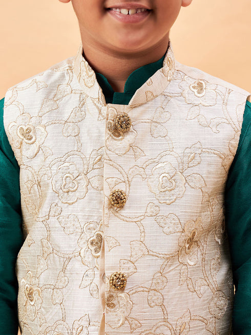 Vastramay Boy's Beige Woven Nehru Jacket With Green Kurta Pyjama Set
