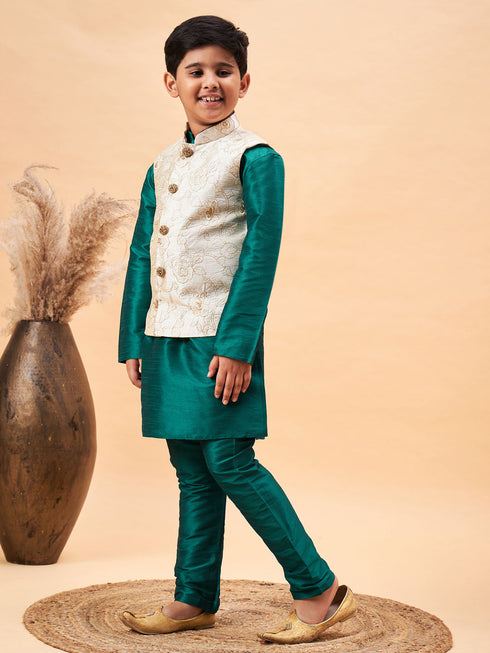 Vastramay Boy's Beige Woven Nehru Jacket With Green Kurta Pyjama Set