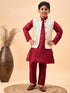 Vastramay Boy's Beige Woven Jacket With Maroon Kurta and Pyjama Set