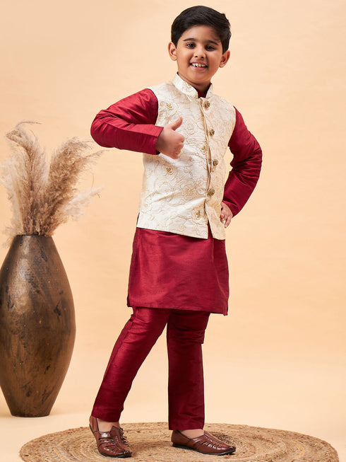 Vastramay Boy's Beige Woven Jacket With Maroon Kurta and Pyjama Set