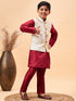 Vastramay Boy's Beige Woven Jacket With Maroon Kurta and Pyjama Set