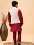 Vastramay Boy's Beige Woven Jacket With Maroon Kurta and Pyjama Set