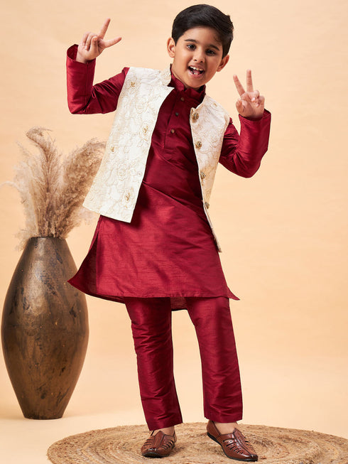 Vastramay Boy's Beige Woven Jacket With Maroon Kurta and Pyjama Set
