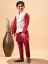 Vastramay Boy's Beige Woven Jacket With Maroon Kurta and Pyjama Set