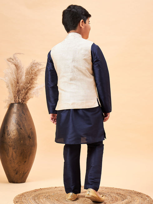Vastramay Boy's Beige Woven Nehru Jacket With Navy Blue Kurta Pyjama Set