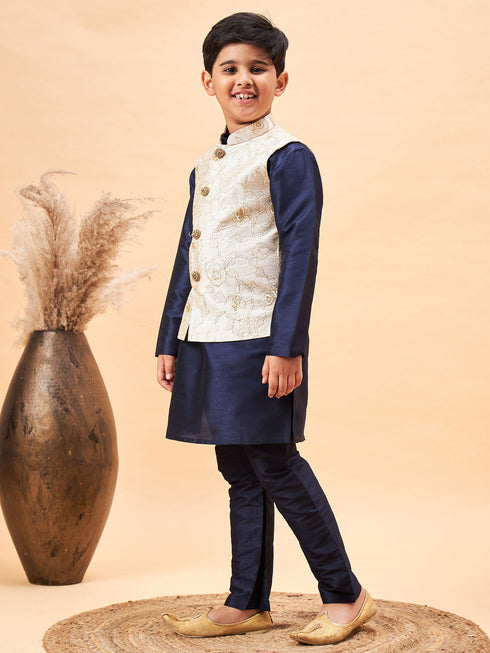 Vastramay Boy's Beige Woven Nehru Jacket With Navy Blue Kurta Pyjama Set