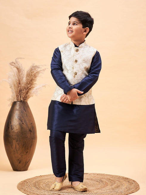 Vastramay Boy's Beige Woven Nehru Jacket With Navy Blue Kurta Pyjama Set