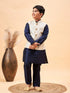 Vastramay Boy's Beige Woven Nehru Jacket With Navy Blue Kurta Pyjama Set