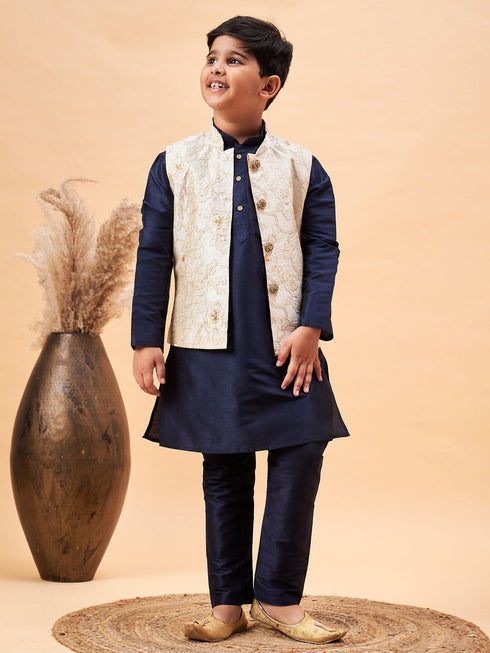 Vastramay Boy's Beige Woven Nehru Jacket With Navy Blue Kurta Pyjama Set