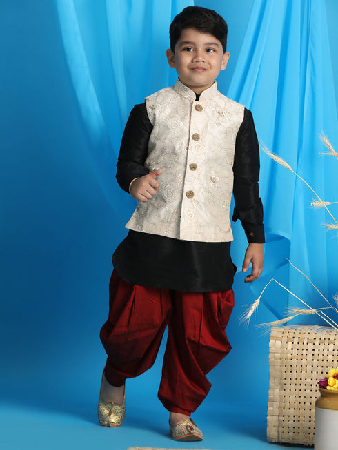 Vastramay Boy's Beige Embroidered Nehru Jacket With Black Kurta And Maroon Dhoti Set