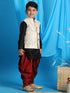 Vastramay Boy's Beige Embroidered Nehru Jacket With Black Kurta And Maroon Dhoti Set