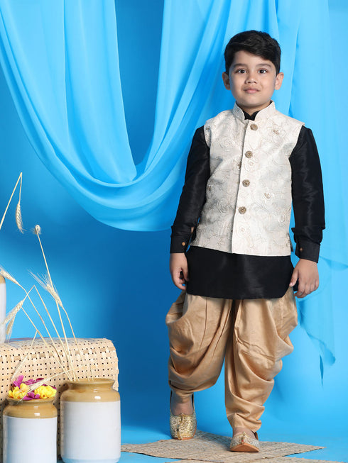 Vastramay Boy's Beige Embroidered Nehru Jacket With Black Kurta And Rose Gold Dhoti Set