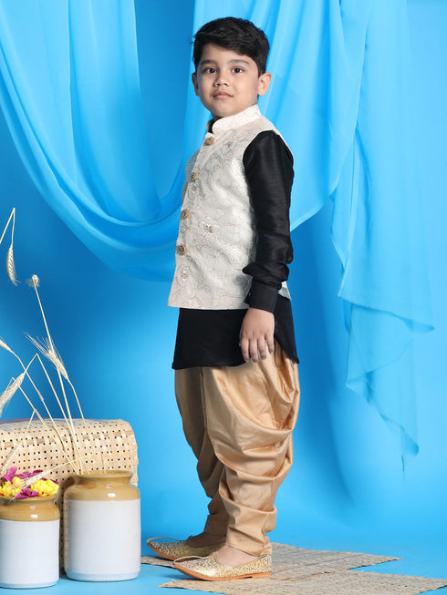 Vastramay Boy's Beige Embroidered Nehru Jacket With Black Kurta And Rose Gold Dhoti Set