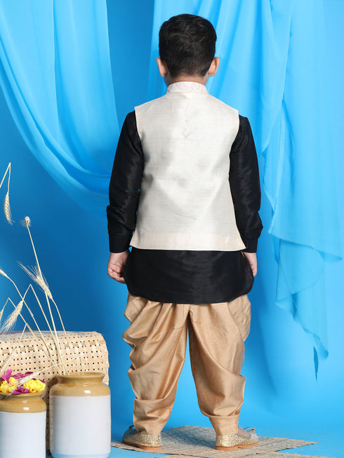 Vastramay Boy's Beige Embroidered Nehru Jacket With Black Kurta And Rose Gold Dhoti Set