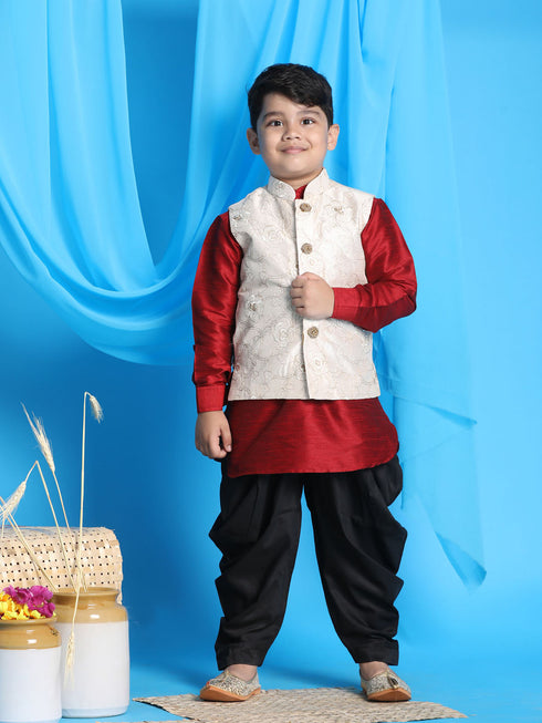 Vastramay Boy's Beige Embroidered Nehru Jacket With Maroon Kurta And Black Dhoti Set