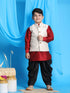Vastramay Boy's Beige Embroidered Nehru Jacket With Maroon Kurta And Black Dhoti Set