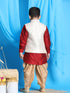 Vastramay Boy's Beige Embroidered Nehru Jacket With Maroon Kurta And Rose Gold Dhoti Set
