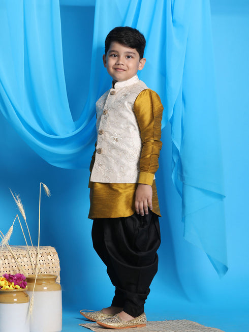 Vastramay Boy's Beige Embroidered Nehru Jacket With Mustard Kurta And Black Dhoti Set
