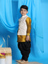 Vastramay Boy's Beige Embroidered Nehru Jacket With Mustard Kurta And Black Dhoti Set
