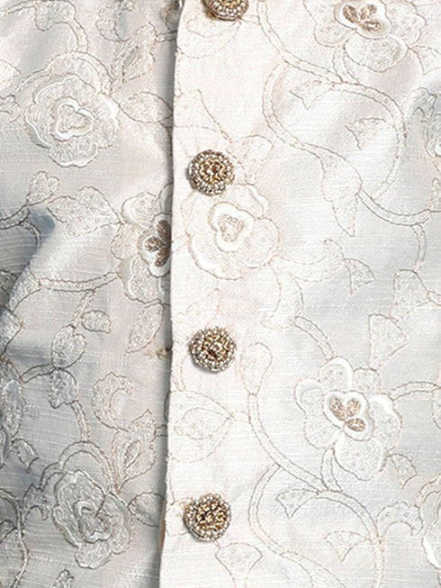 Vastramay Boy's Beige Embroidered Nehru Jacket With Mustard Kurta And Black Dhoti Set