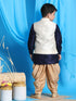 Vastramay Boy's Beige Embroidered Nehru Jacket With Navy Blue Kurta And Rose Gold Dhoti Set