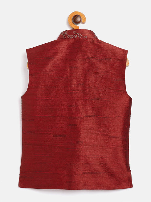 JBN CREATION Boy's Maroon Silk Blend Embroidered Nehru Jacket