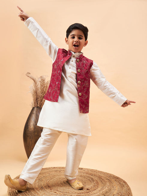 Vastramay Boy's Maroon Nehru Jacket With Cream Kurta And Pyjama Set