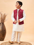 Vastramay Boy's Maroon Nehru Jacket With Cream Kurta And Pyjama Set