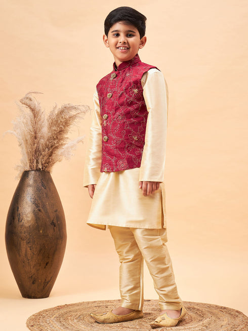 Vastramay Boy's Maroon Nehru Jacket With Gold Kurta And Pyjama Set
