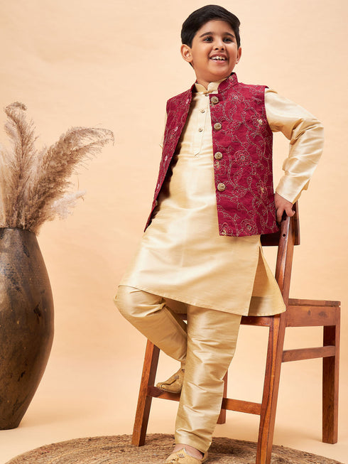 Vastramay Boy's Maroon Nehru Jacket With Gold Kurta And Pyjama Set