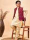 Vastramay Boy's Maroon Nehru Jacket With Gold Kurta And Pyjama Set