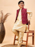 Vastramay Boy's Maroon Nehru Jacket With Gold Kurta And Pyjama Set