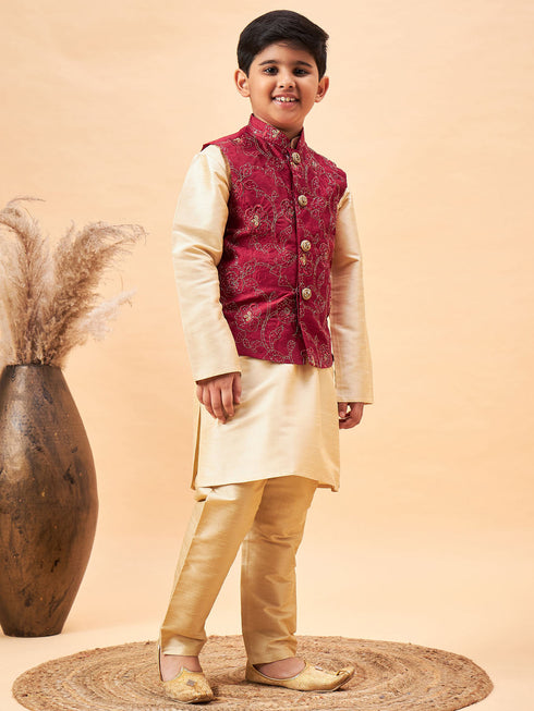 Vastramay Boy's Maroon Nehru Jacket With Gold Kurta And Pyjama Set