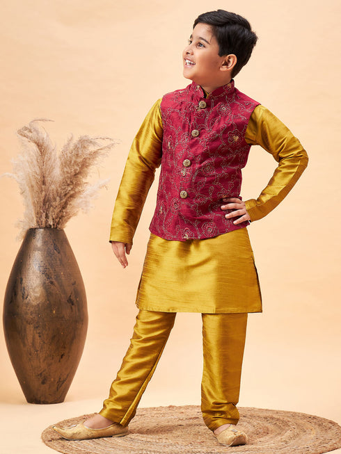 Vastramay Boy's Maroon Woven Jacket With Mustard Kurta and Pyjama Set