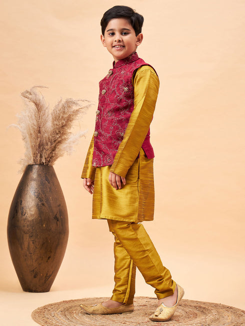 Vastramay Boy's Maroon Woven Jacket With Mustard Kurta and Pyjama Set