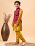 Vastramay Boy's Maroon Woven Jacket With Mustard Kurta and Pyjama Set