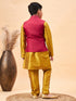 Vastramay Boy's Maroon Woven Jacket With Mustard Kurta and Pyjama Set
