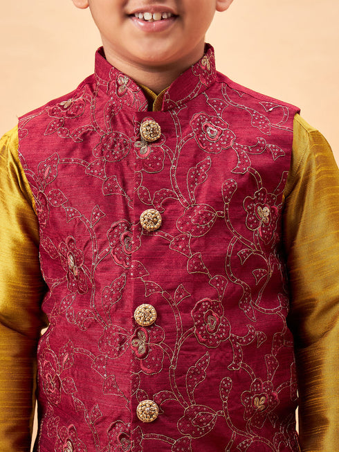 Vastramay Boy's Maroon Woven Jacket With Mustard Kurta and Pyjama Set