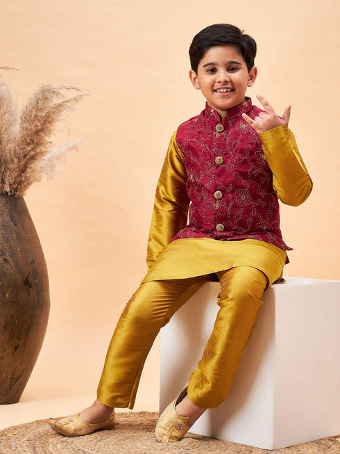 Vastramay Boy's Maroon Woven Jacket With Mustard Kurta and Pyjama Set