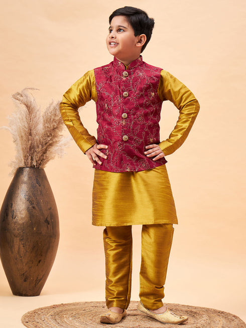 Vastramay Boy's Maroon Woven Jacket With Mustard Kurta and Pyjama Set