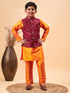 Vastramay Boy's Maroon Nehru Jacket With Orange Kurta And Pyjama Set