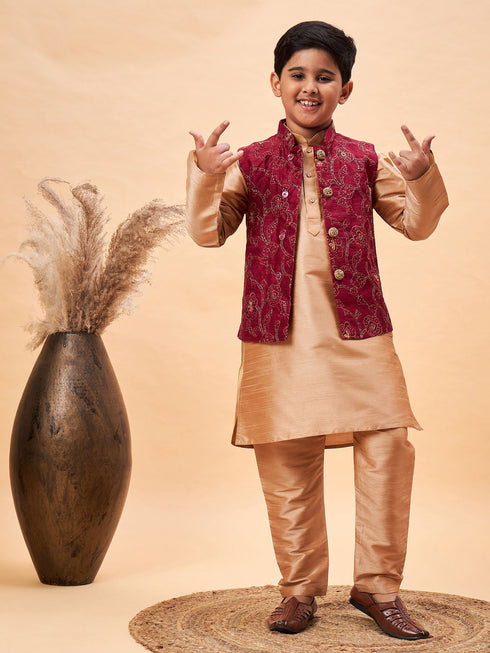Vastramay Boy's Maroon Woven Jacket With Rose Gold Kurta and Pyjama Set