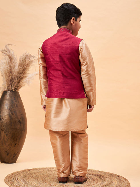 Vastramay Boy's Maroon Woven Jacket With Rose Gold Kurta and Pyjama Set