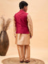 Vastramay Boy's Maroon Woven Jacket With Rose Gold Kurta and Pyjama Set