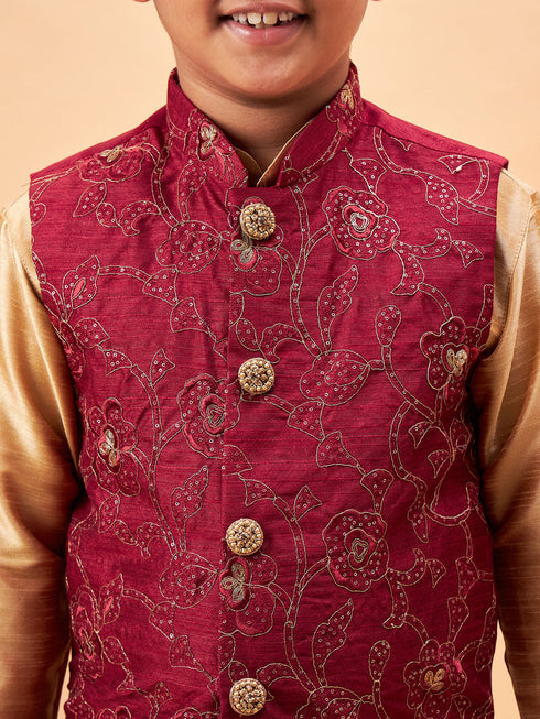 Vastramay Boy's Maroon Woven Jacket With Rose Gold Kurta and Pyjama Set