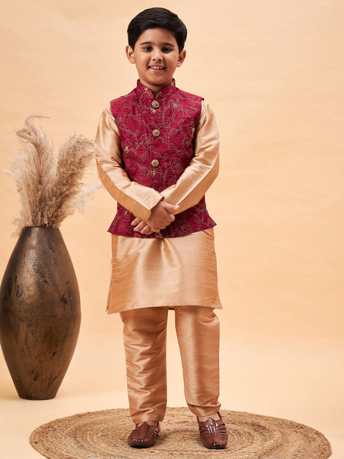 Vastramay Boy's Maroon Woven Jacket With Rose Gold Kurta and Pyjama Set