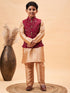 Vastramay Boy's Maroon Woven Jacket With Rose Gold Kurta and Pyjama Set